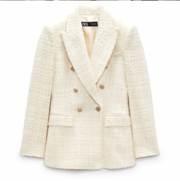 ZARA Tweed Textured Double Breasted Blazer gold buttons size S - Picture 14 of 16